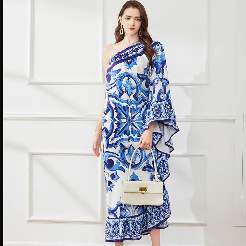 Asymmetrical Design Diagonal Shoulder Print Loose Dress