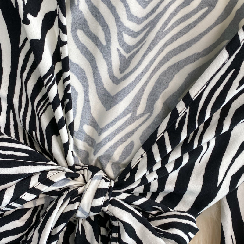 Women's Deep V Neck Zebra Print Long Sleeve Slim Fit Hip Dress