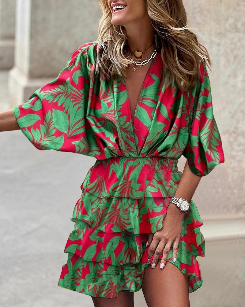 Sleeve V Neck Hem Dress