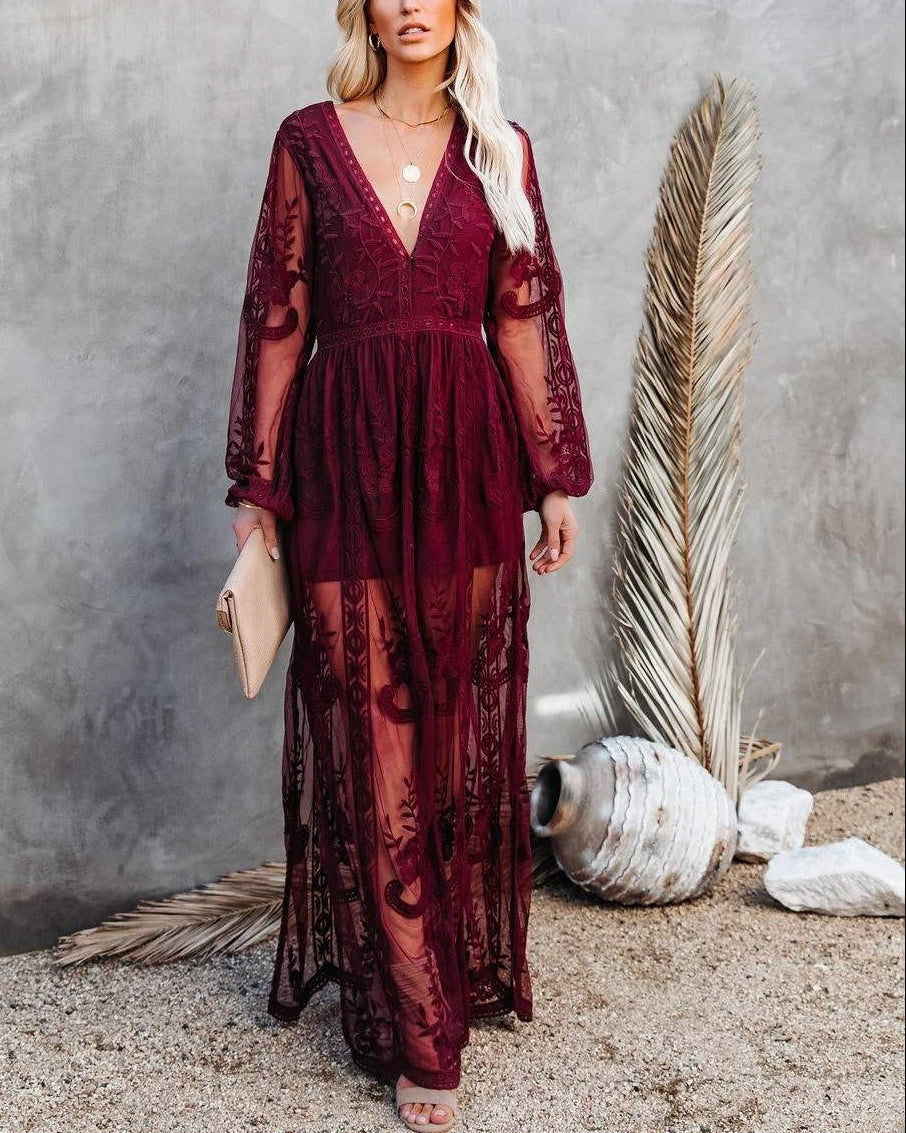 Floor-Length V-Neck Long Sleeve Split Summer Womens Dress