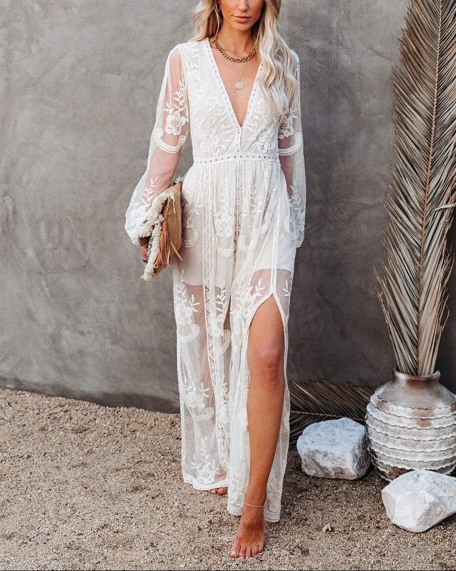 Floor-Length V-Neck Long Sleeve Split Summer Womens Dress