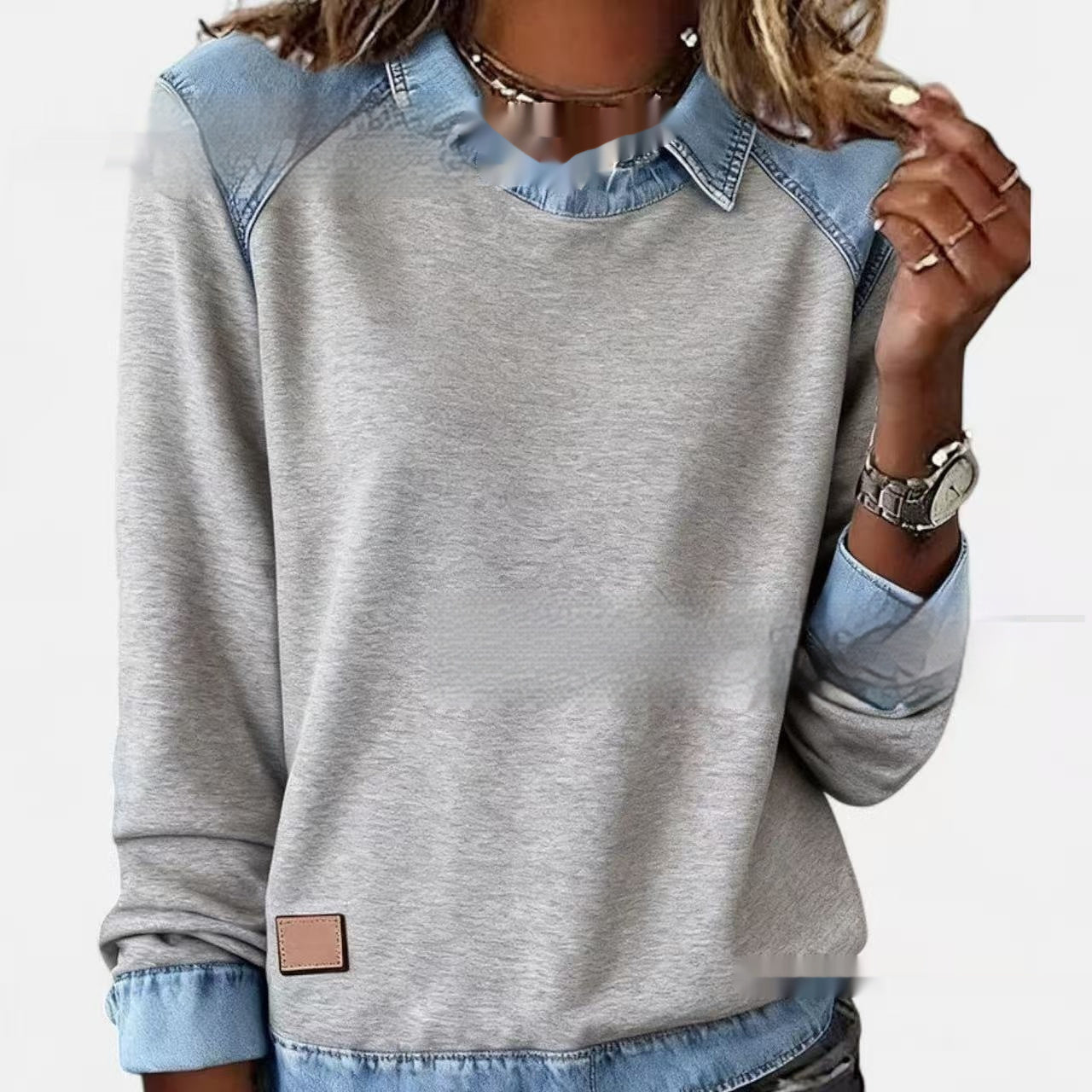 Denim Collar Long Sleeve Pullover Patchwork Knitwear Top