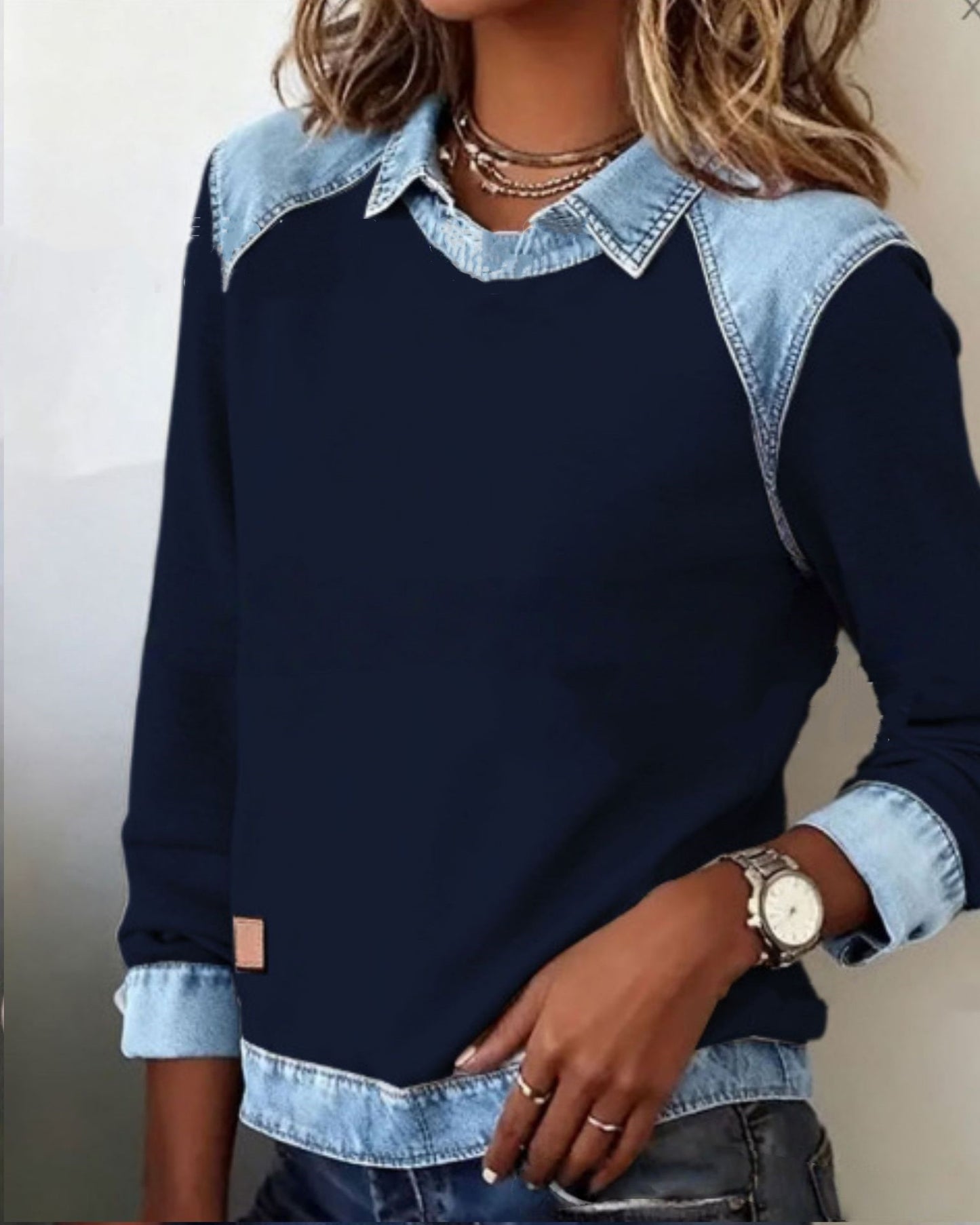 Denim Collar Long Sleeve Pullover Patchwork Knitwear Top