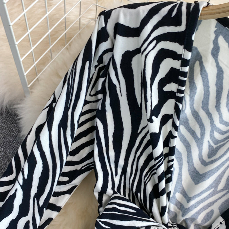 Women's Deep V Neck Zebra Print Long Sleeve Slim Fit Hip Dress