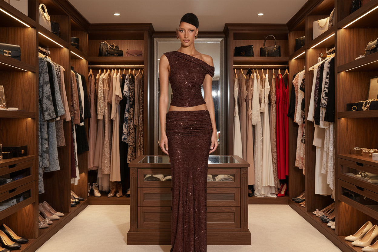Full-diamond Two-piece Set Asymmetrical One-shoulder