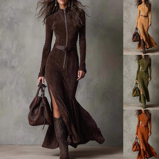 Slim Zipper Dress Elegant Temperament Split Long-sleeved Dresses Cowboy Fashion Retro Women's Clothing