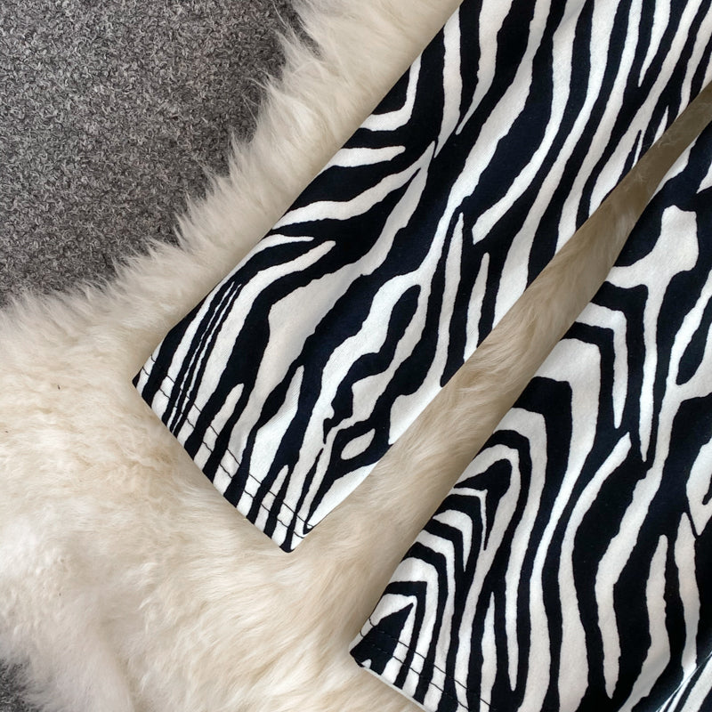Women's Deep V Neck Zebra Print Long Sleeve Slim Fit Hip Dress