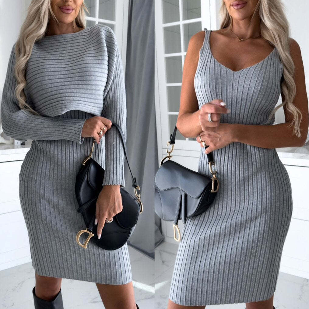 2pcs Stripe Long Top And Tight  Skirt