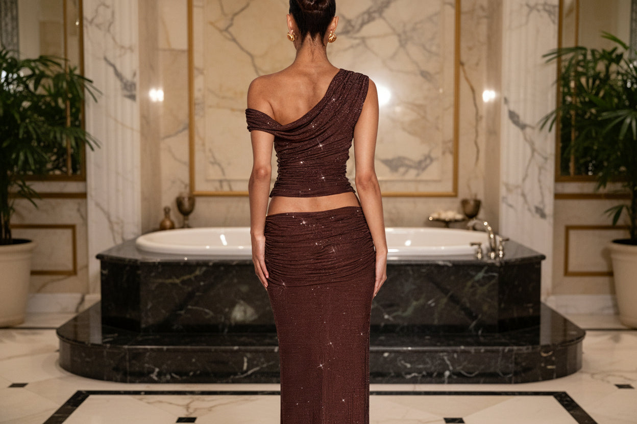 Full-diamond Two-piece Set Asymmetrical One-shoulder