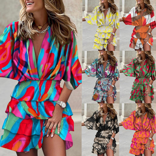 Sleeve V Neck Hem Dress