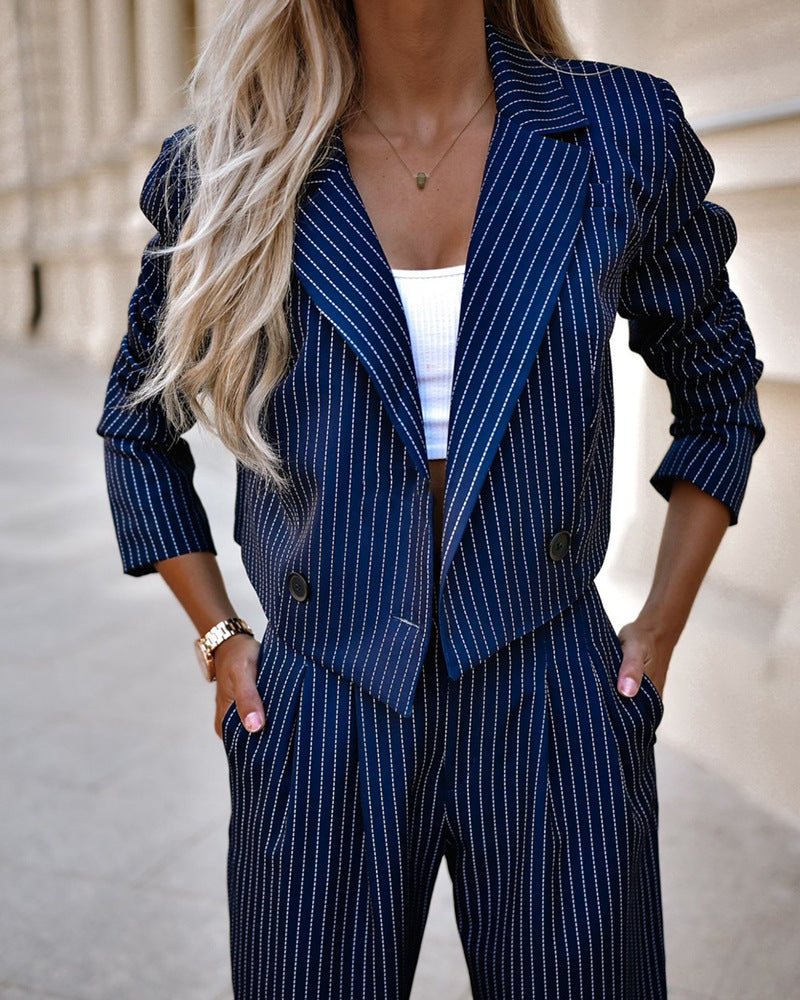Casual Lapel Long Sleeve Cropped Top suit