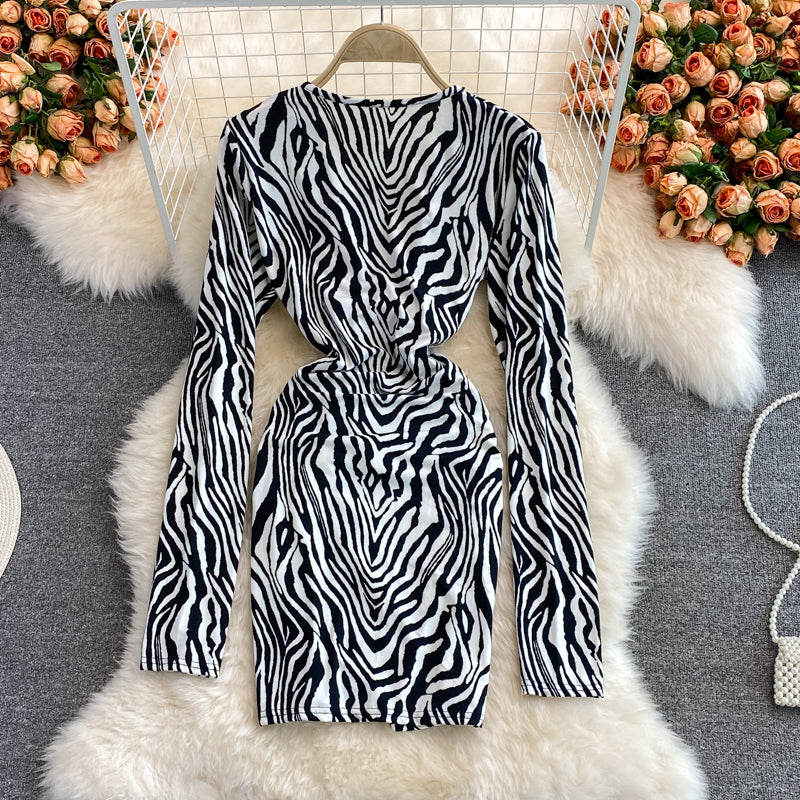 Women's Deep V Neck Zebra Print Long Sleeve Slim Fit Hip Dress