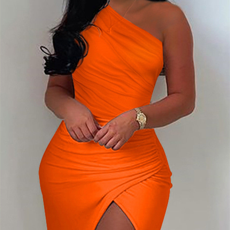 Off-shoulder Pleated Slit Dress