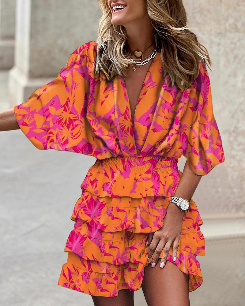 Sleeve V Neck Hem Dress