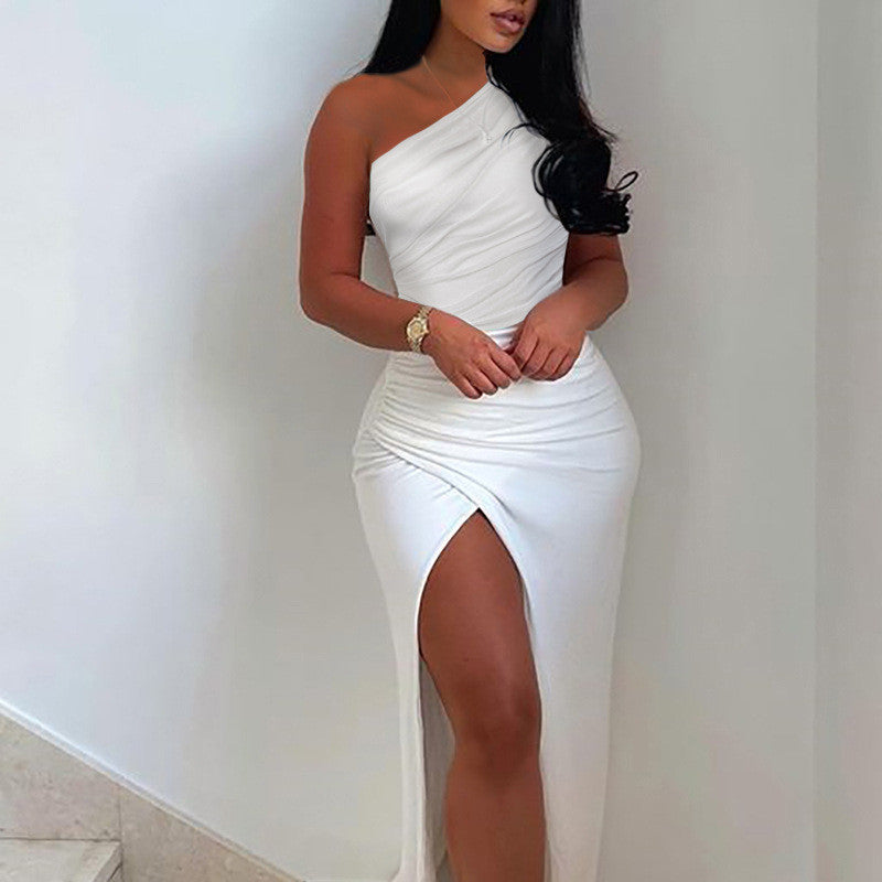 Off-shoulder Pleated Slit Dress
