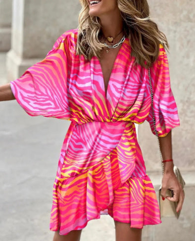 Sleeve V Neck Hem Dress