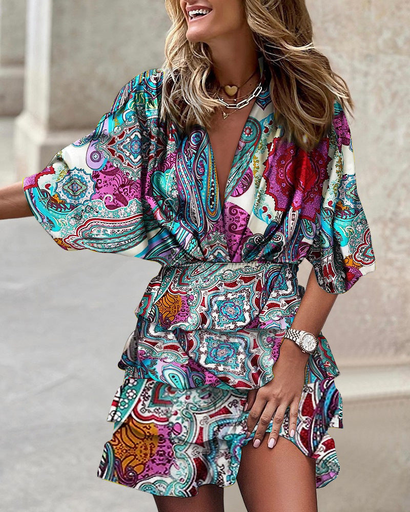 Sleeve V Neck Hem Dress