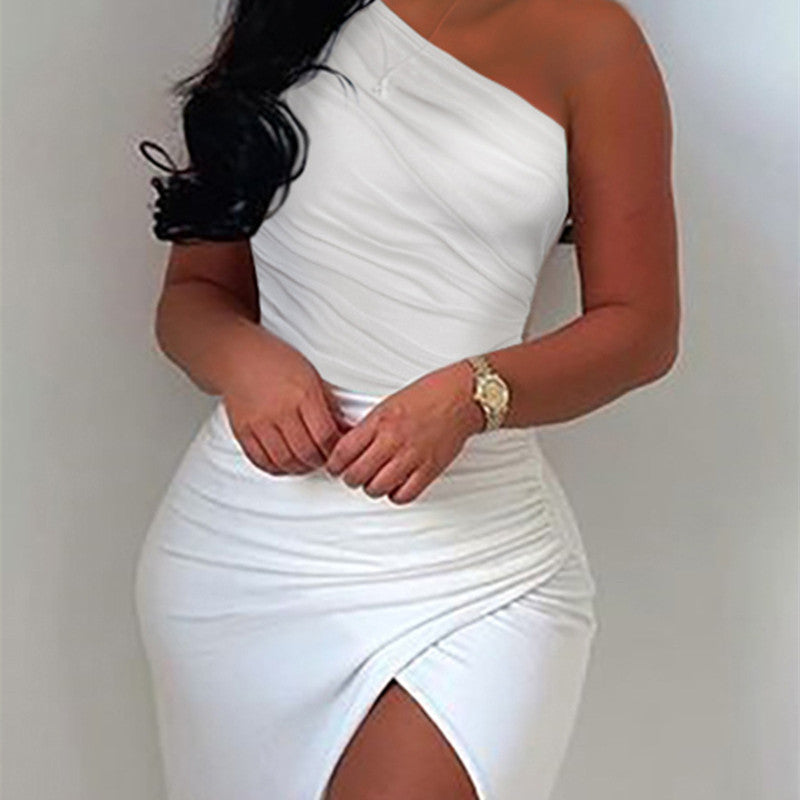 Off-shoulder Pleated Slit Dress