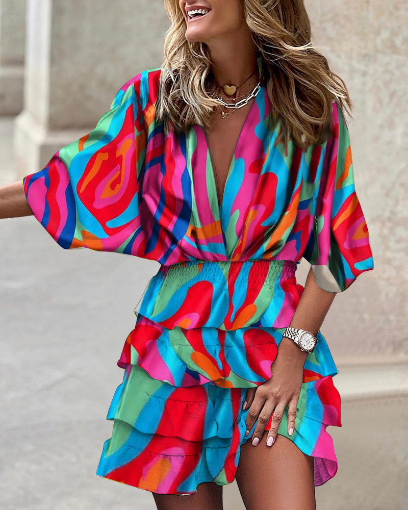 Sleeve V Neck Hem Dress