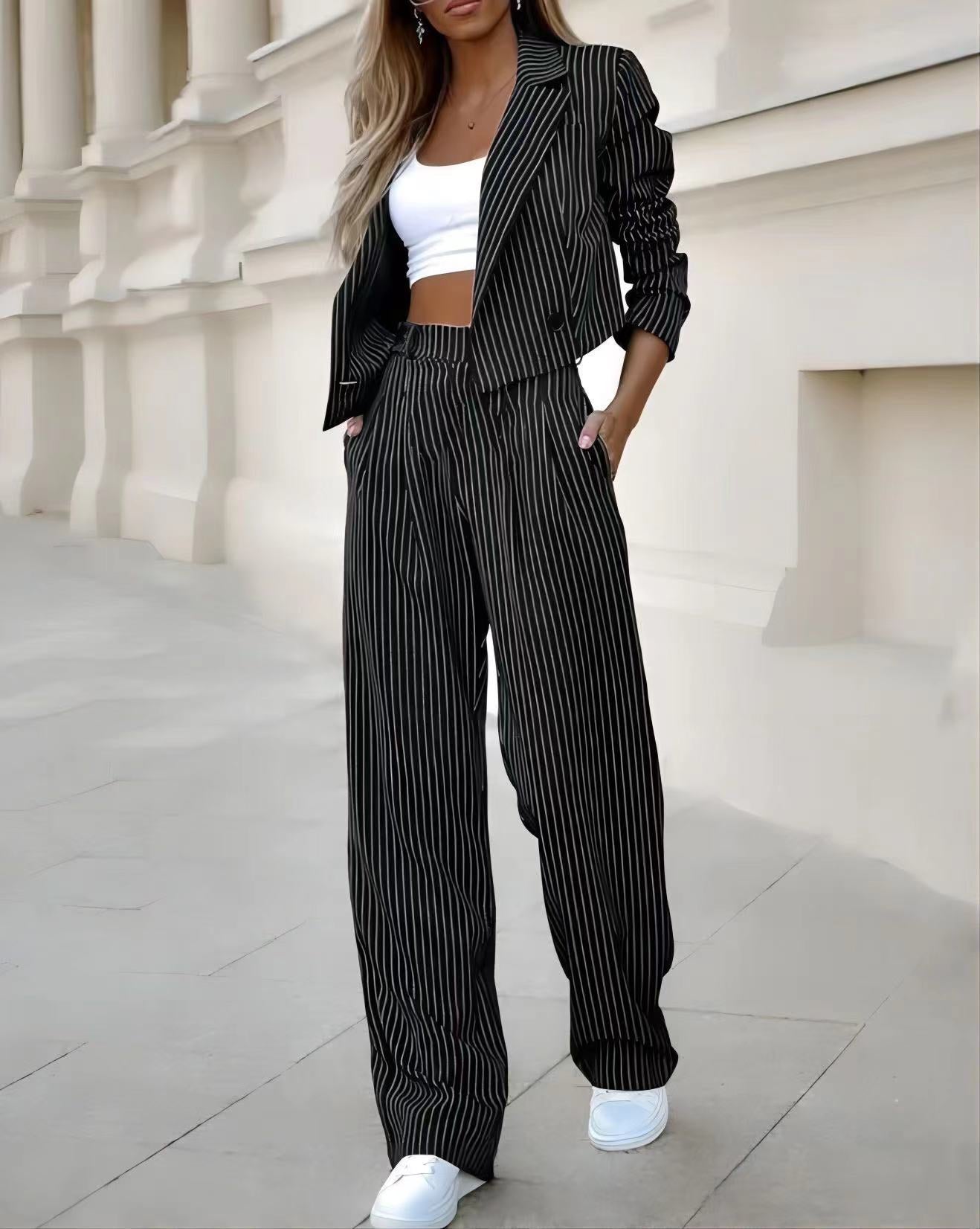 Casual Lapel Long Sleeve Cropped Top suit