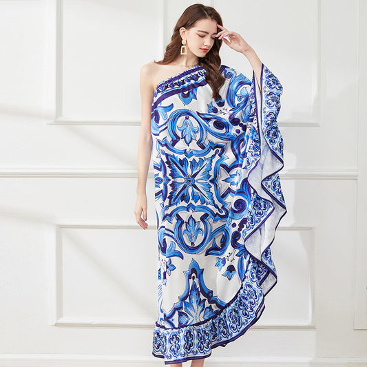 Asymmetrical Design Diagonal Shoulder Print Loose Dress