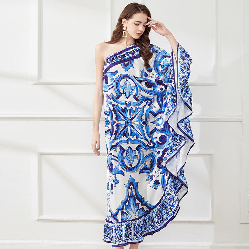 Asymmetrical Design Diagonal Shoulder Print Loose Dress