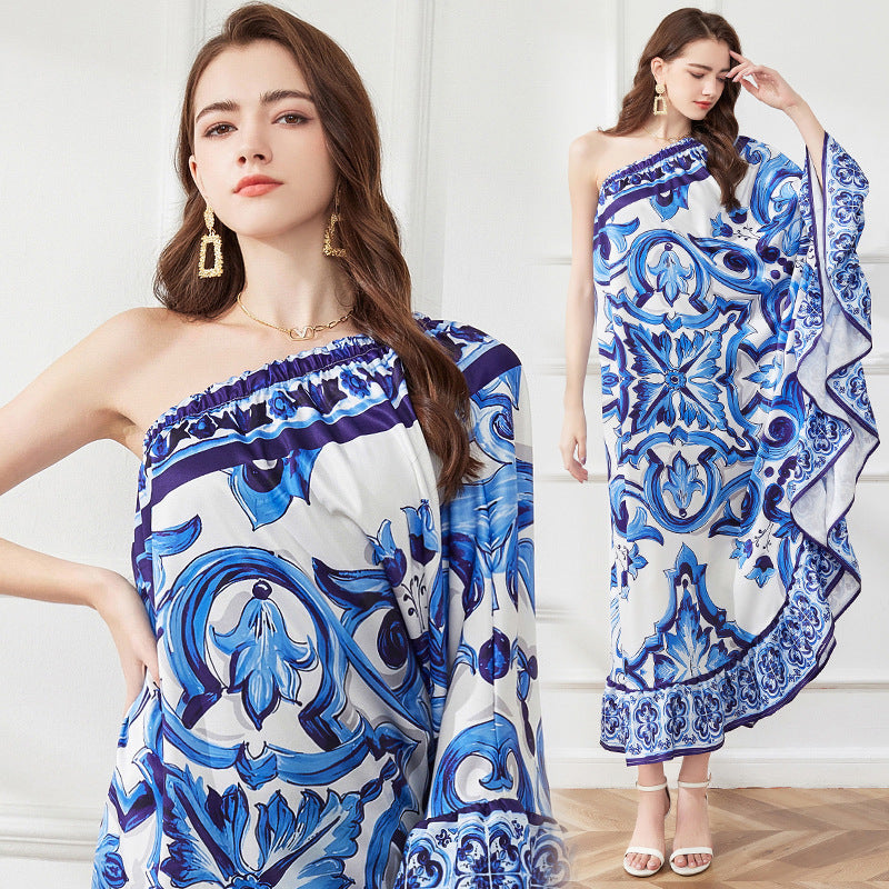 Asymmetrical Design Diagonal Shoulder Print Loose Dress
