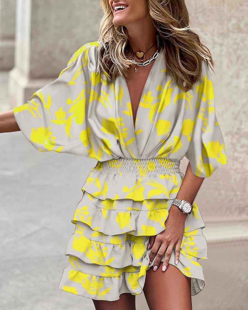 Sleeve V Neck Hem Dress