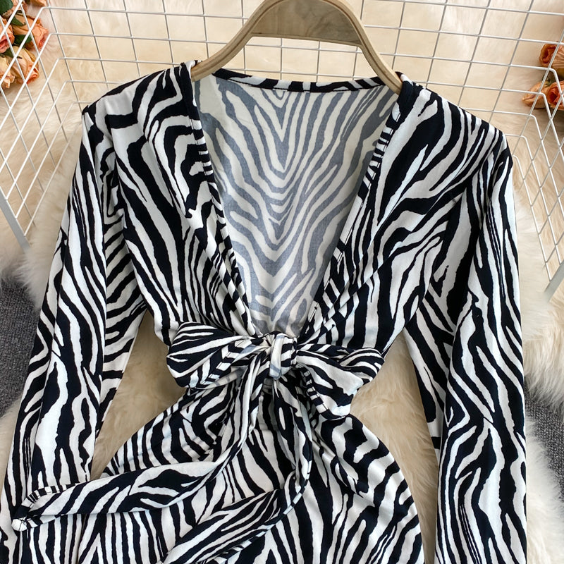 Women's Deep V Neck Zebra Print Long Sleeve Slim Fit Hip Dress