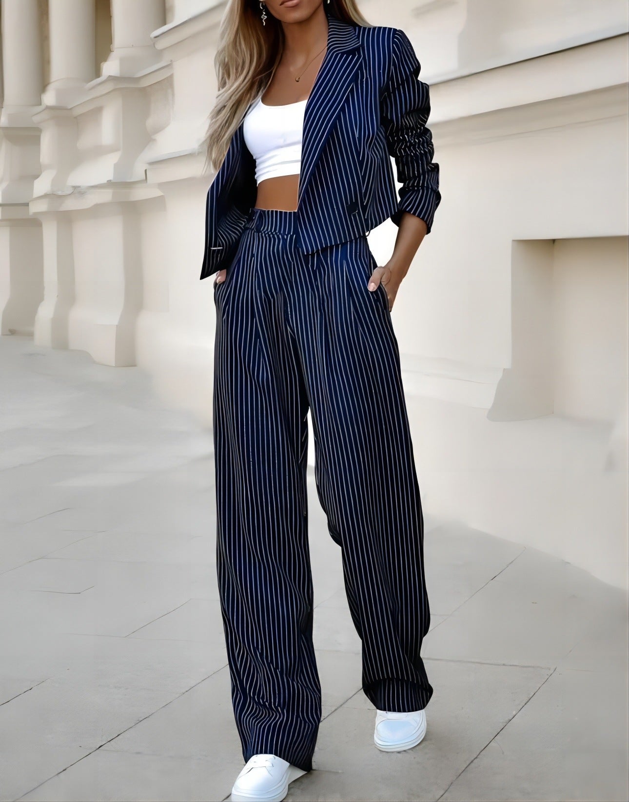 Casual Lapel Long Sleeve Cropped Top suit