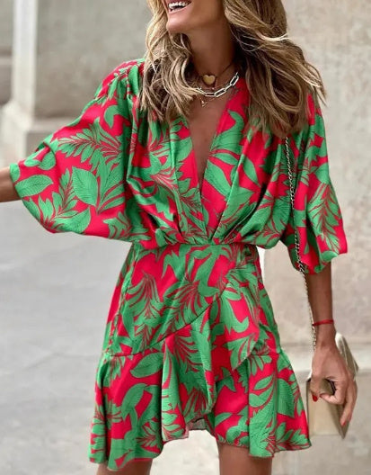 Sleeve V Neck Hem Dress