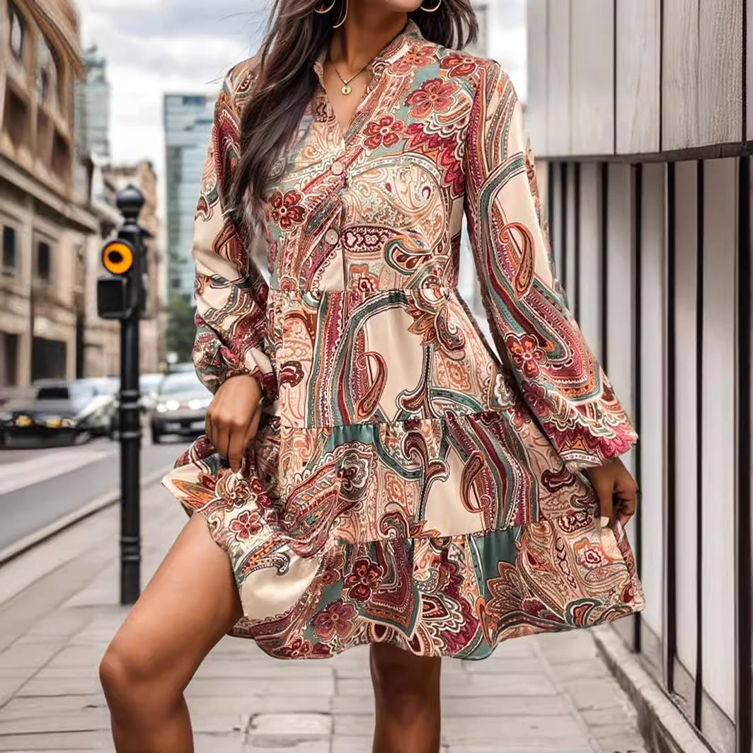Cashew Print Long Sleeve Dress
