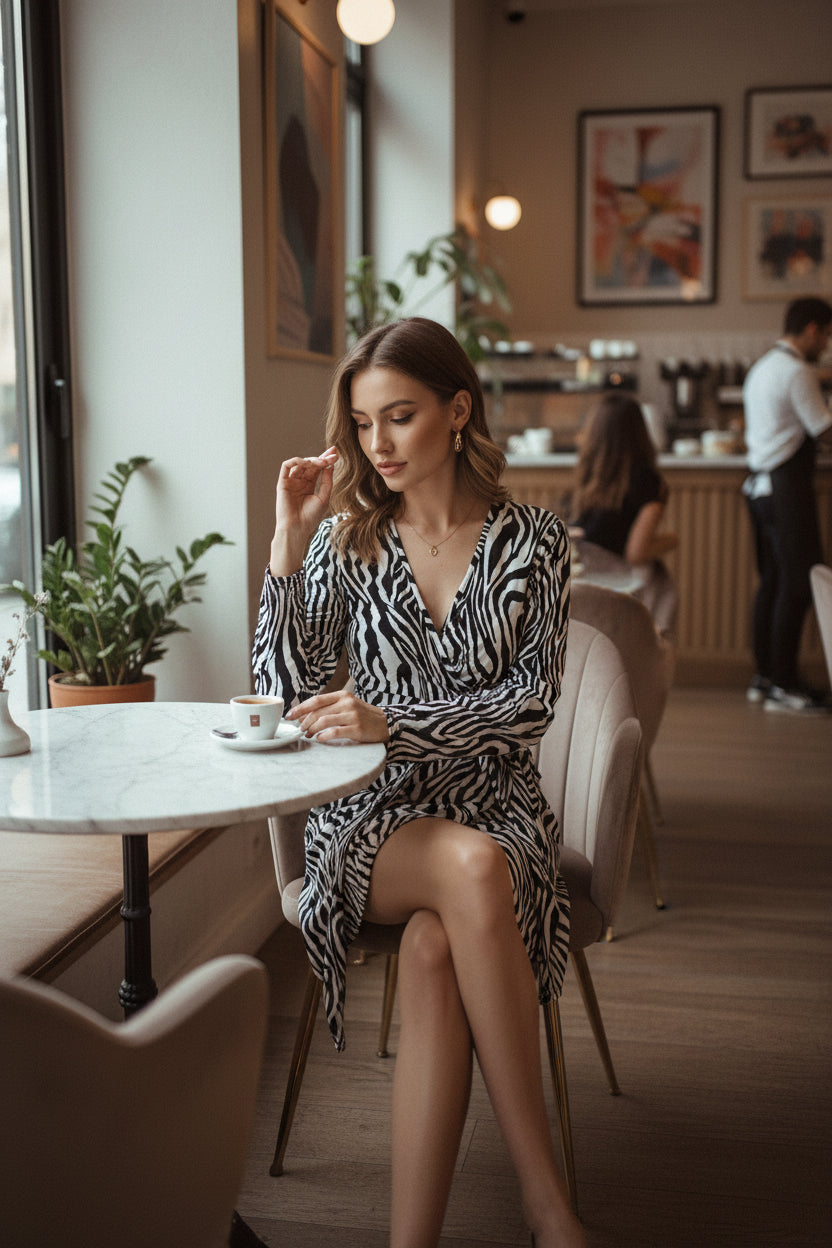Women's Deep V Neck Zebra Print Long Sleeve Slim Fit Hip Dress