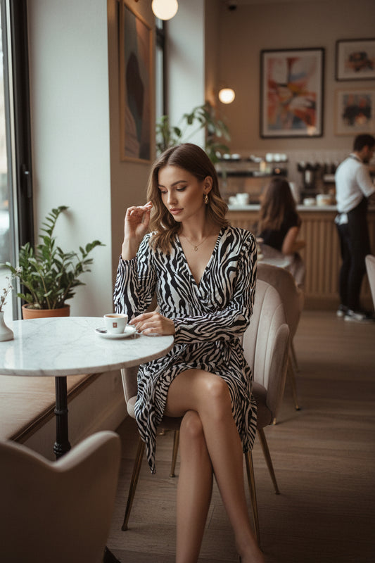 Women's Deep V Neck Zebra Print Long Sleeve Slim Fit Hip Dress