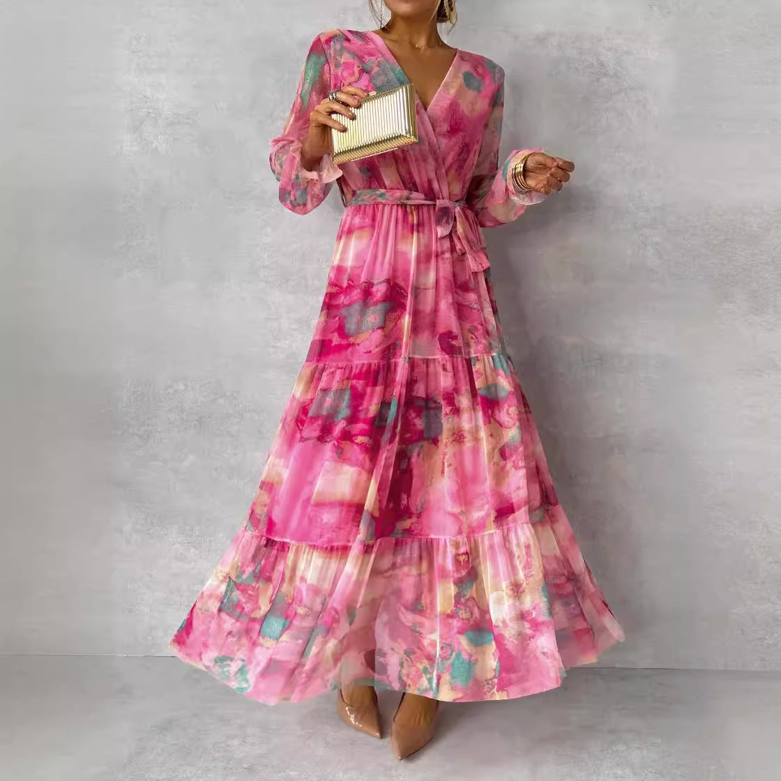Long-sleeved Floral Print Dress with Elegant V-neck