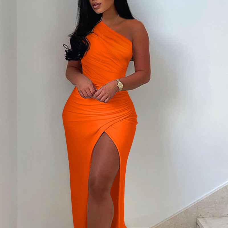Off-shoulder Pleated Slit Dress