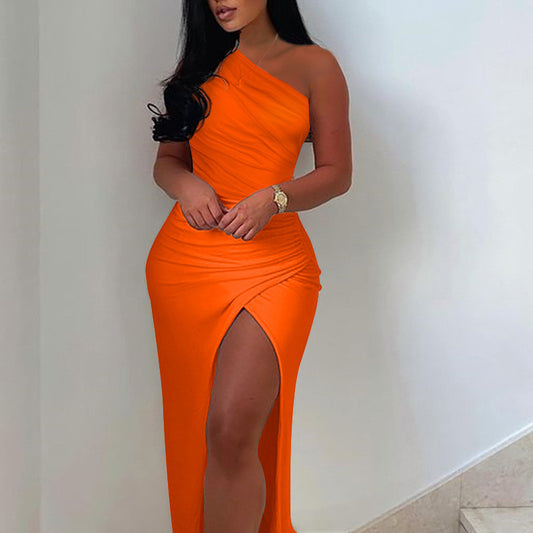 Off-shoulder Pleated Slit Dress