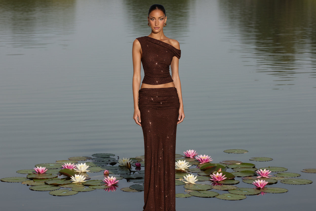 Full-diamond Two-piece Set Asymmetrical One-shoulder