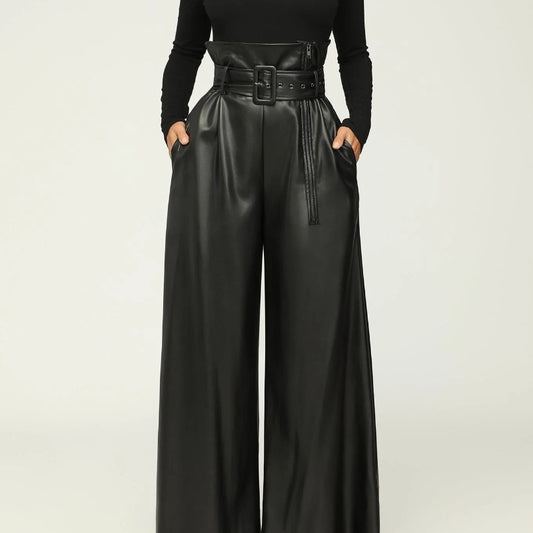 High Waist PU Leather Pants Metal Belt Wide Leg Trousers
