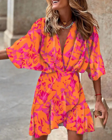 Sleeve V Neck Hem Dress