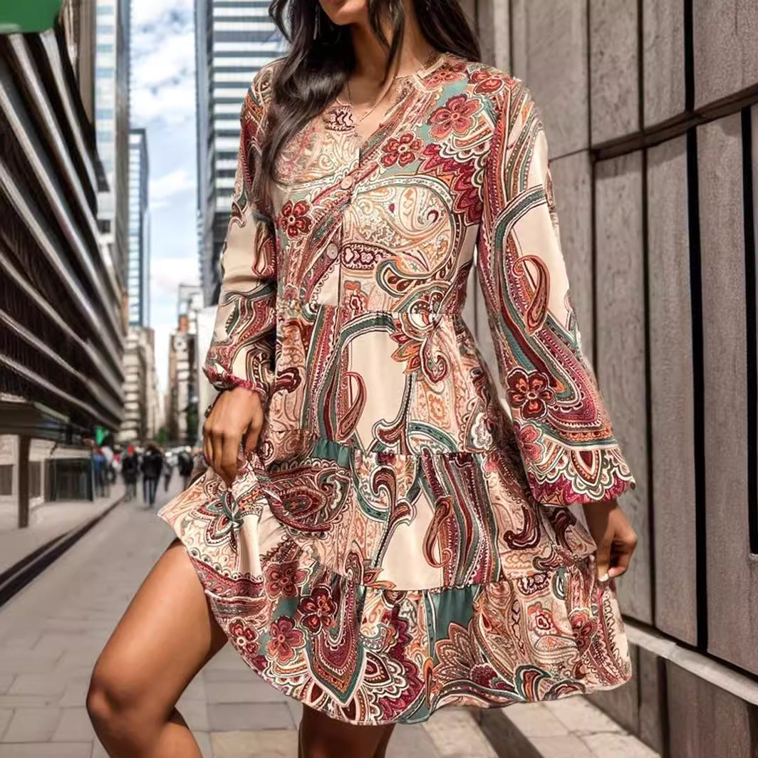 Cashew Print Long Sleeve Dress