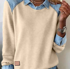 Denim Collar Long Sleeve Pullover Patchwork Knitwear Top