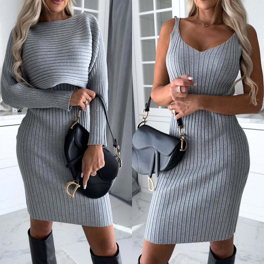 2pcs Stripe Long Top And Tight  Skirt