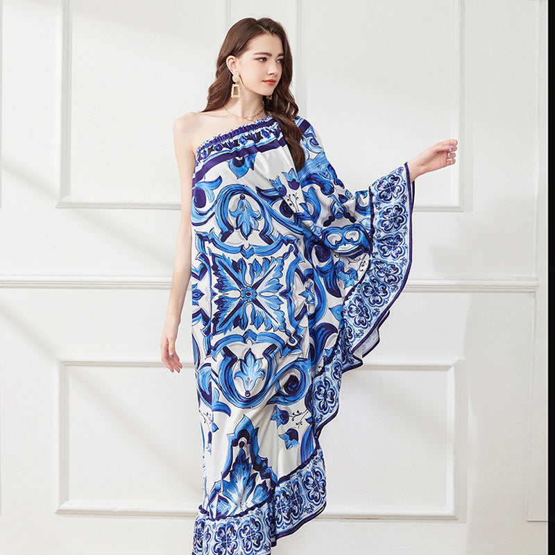 Asymmetrical Design Diagonal Shoulder Print Loose Dress