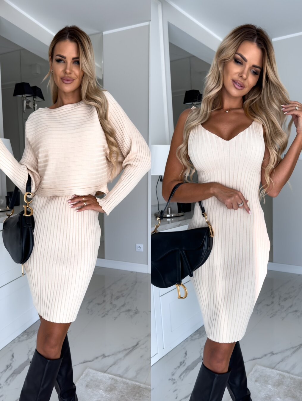 2pcs Stripe Long Top And Tight  Skirt