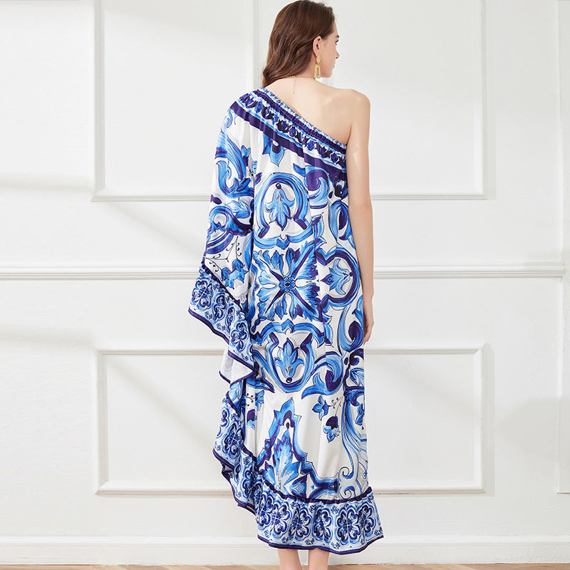 Asymmetrical Design Diagonal Shoulder Print Loose Dress