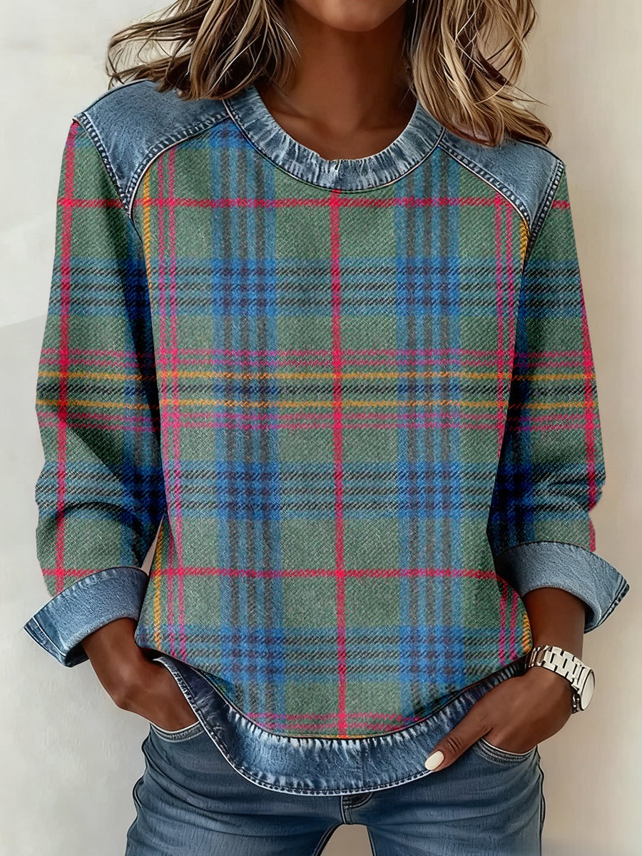 Denim Collar Long Sleeve Pullover Patchwork Knitwear Top