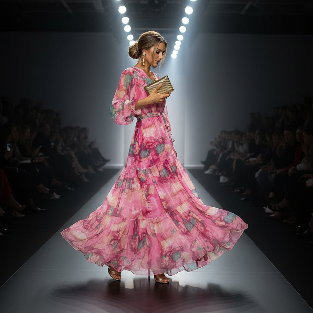 Long-sleeved Floral Print Dress with Elegant V-neck