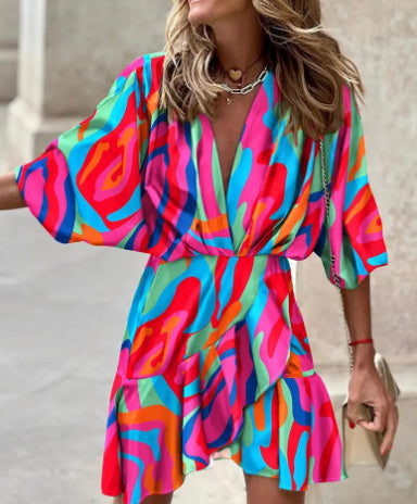Sleeve V Neck Hem Dress